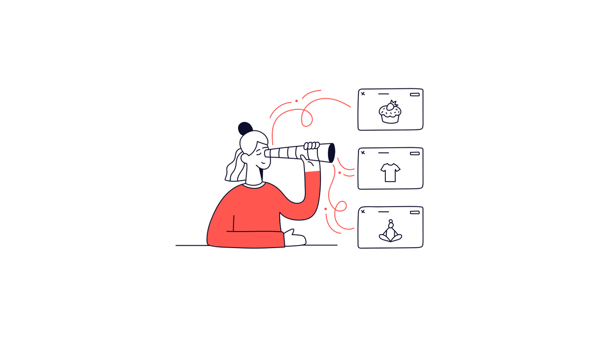 Hand-drawn illustration of a customer with a telescope